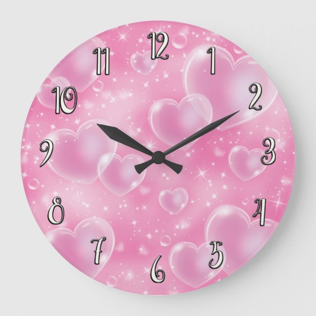 Grande Horloge Ronde Cœurs Bulles Roses Style Fille Mignonne 90's (Recto)