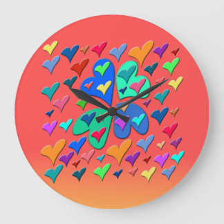 Grande Horloge Ronde Coeurs colorés