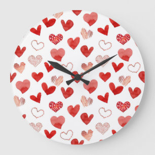 Grande Horloge Ronde Coeurs d'amour rouge, motif aquarelle.