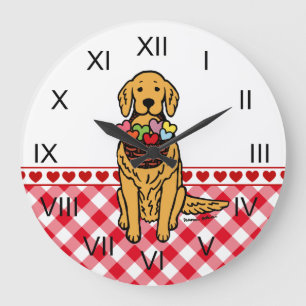 Grande Horloge Ronde Coeurs de bande dessinée de golden retriever