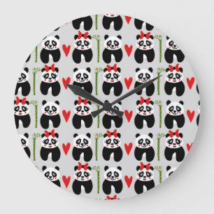 Grande Horloge Ronde Coeurs de pandas mignons : Motif pour enfants