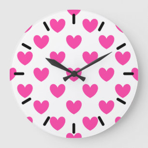Grande Horloge Ronde Coeurs de polka rose Fuchsia sur blanc