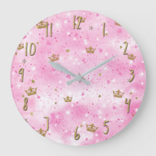 Grande Horloge Ronde Cœurs de Princesse Roses Couronnes Étoiles Paillet