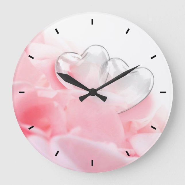 Grande Horloge Ronde Coeurs de verre romantique Pétales Roses (Recto)