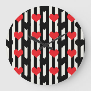 Grande Horloge Ronde Coeurs Noirs Rouges Sur Bandes Blanches Noires