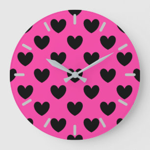 Grande Horloge Ronde Coeurs polka noirs sur rose fuchsia
