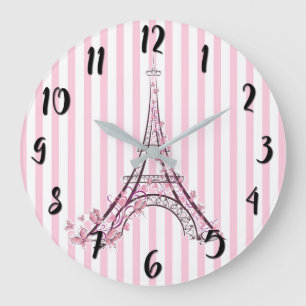 Grande Horloge Ronde Cœurs roses et papillons Paris Tour Eiffel