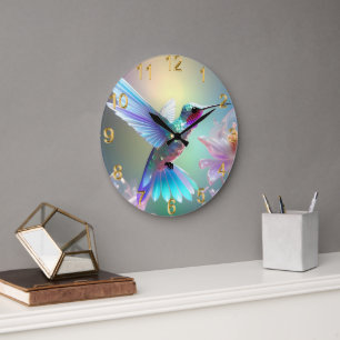 Grande Horloge Ronde Colibri en verre arc-en-ciel