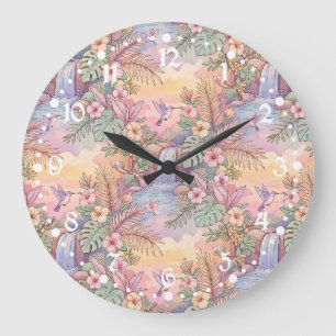 Grande Horloge Ronde Colibris Hibiscus Cascade Joie