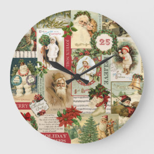 GRANDE HORLOGE RONDE COLLAGE DE NOËL VINTAGE
