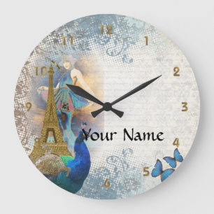 Grande Horloge Ronde Collage de paon de Paris