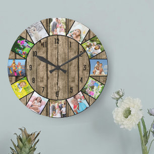 Grande Horloge Ronde Collage de photos sur mesure 12 Ronde de bois natu