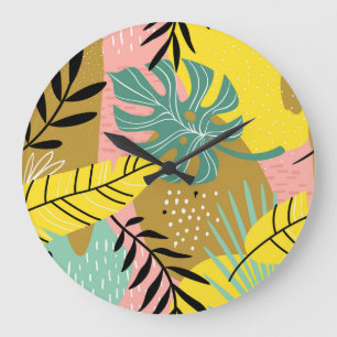 Grande Horloge Ronde Collage exotique : Motif Plante tropical