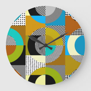 Grande Horloge Ronde Collage géométrique : cercles, motif vintage.