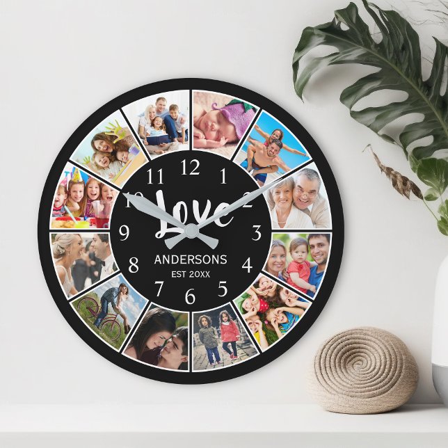 Grande Horloge Ronde Collage photo de famille personnalisée Noir person (Créateur téléchargé)