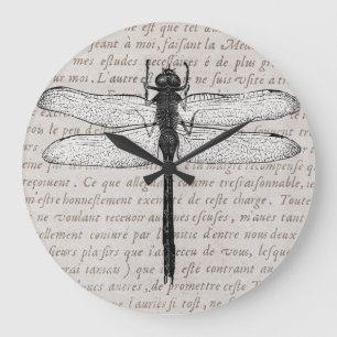 Grande Horloge Ronde Collage vintage de libellule et de textes