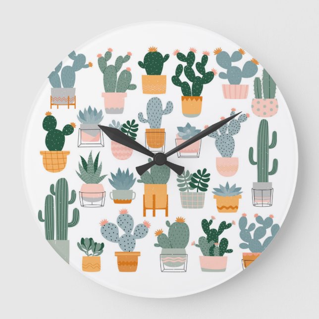 Grande Horloge Ronde Collection Cactus dans Pots Design (Recto)