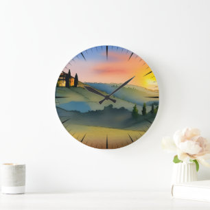 Grande Horloge Ronde Collines toscanes - Aquarelle panoramique