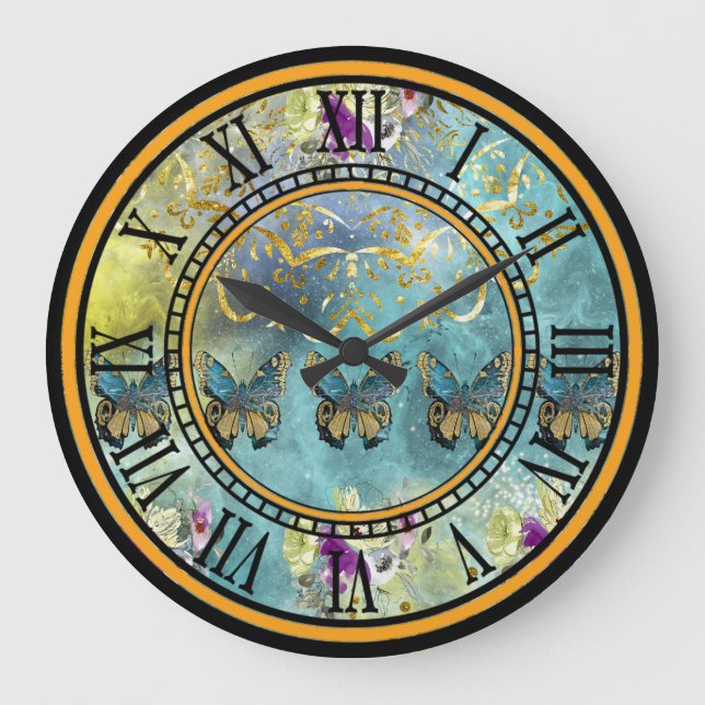 Grande Horloge Ronde Conception abstraite avec papillons et fleurs (Recto)