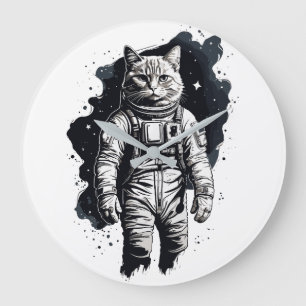 Grande Horloge Ronde Conception de chat par astronaute d'encre noire