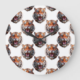 Grande Horloge Ronde Conception de motif tête de tigre - Blanc  