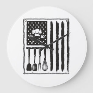 Grande Horloge Ronde Conception de T-shirt Ustensiles de Cuisine Drapea