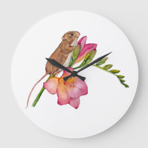 Grande Horloge Ronde Conception florale aquarelle de souris mignonne