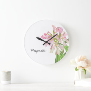 Grande Horloge Ronde Conception florale d'orchidée rose – Art botanique