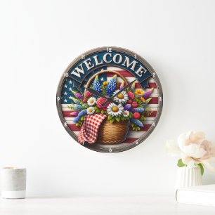 Grande Horloge Ronde Conception patriotique avec fleurs et texte Bienve