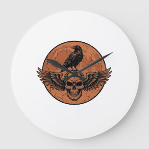Grande Horloge Ronde Conception Vectorielle de Crâne à Ailes de Corbeau