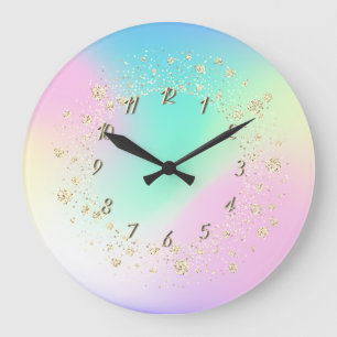 Grande Horloge Ronde Confettis holographiques élégants et tendance