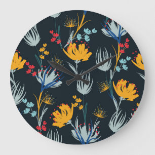 Grande Horloge Ronde Contraste Brush Floral : Noir sans joint