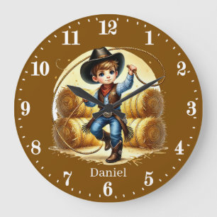 Grande Horloge Ronde Cool Cowboys ajouter nom garçons chambre