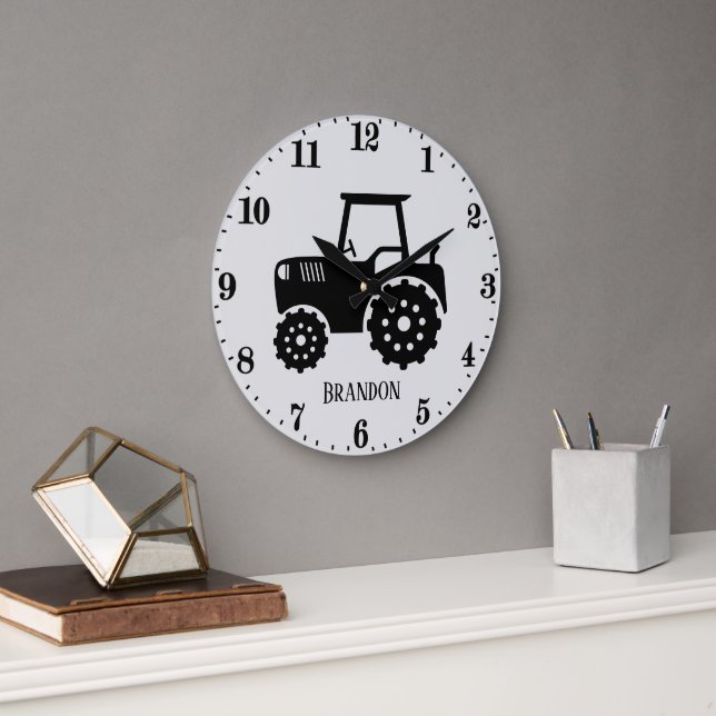 Grande Horloge Ronde cool garçons enfant chambre tracteur ajouter nom (Bureau)