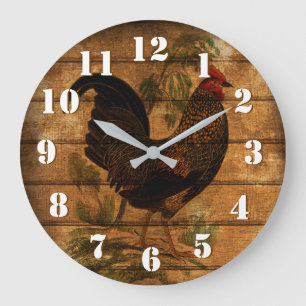 Grande Horloge Ronde Coq de campagne élégant sur bois rustique