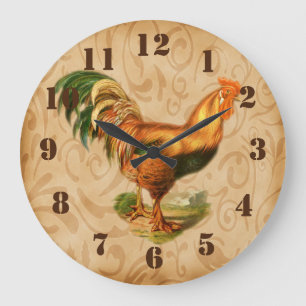 Grande Horloge Ronde Coq de campagne rustique cuisine ornée