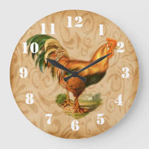 Grande Horloge Ronde Coq de campagne rustique cuisine ornée