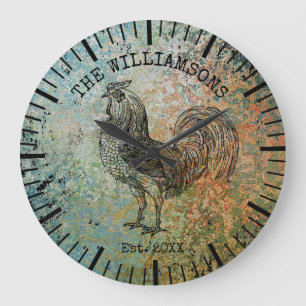 Grande Horloge Ronde Coq de Ferme Nom de Famille Antique Vintage Rustiq