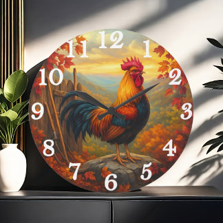 Grande Horloge Ronde Coq vibrant dans une scène de ferme automnale