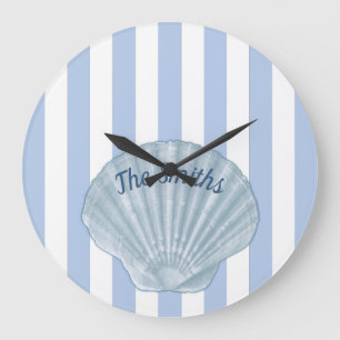 Grande Horloge Ronde Coquillage bleu et rayures