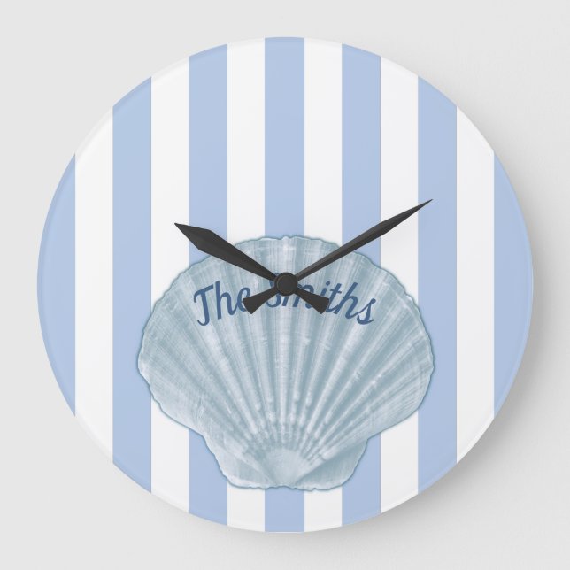 Grande Horloge Ronde Coquillage bleu et rayures (Recto)