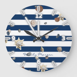 Grande Horloge Ronde Coquillages adorables, rayures bleu marine - Perso