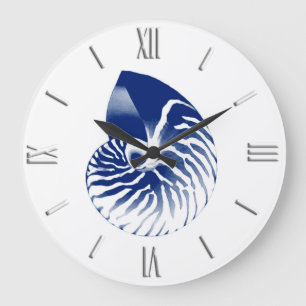 Grande Horloge Ronde Coquille de Nautilus - bleu marine et blanc