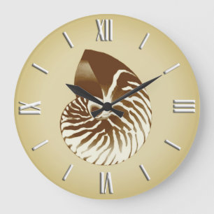 Grande Horloge Ronde Coquille de Nautilus - marron, blanc et beige