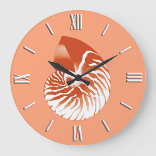 Grande Horloge Ronde Coquille de Nautilus - terre cuite et blanc