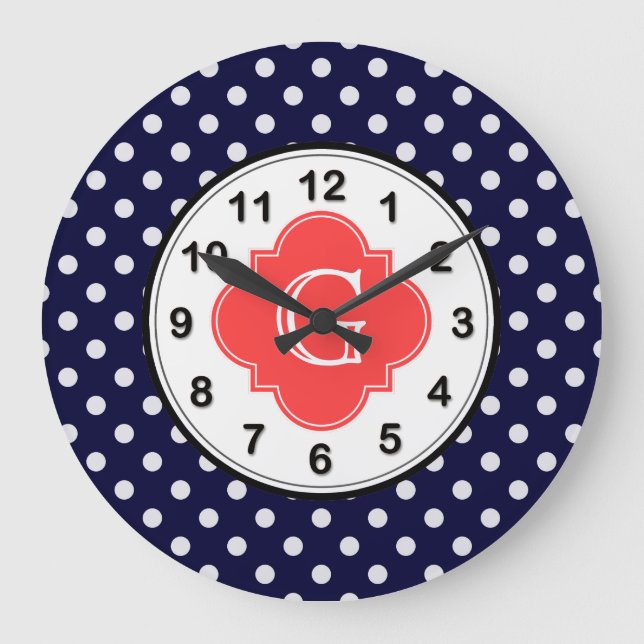 Grande Horloge Ronde Corail Blanc Navy pois Quatrefoil Monogram (Recto)