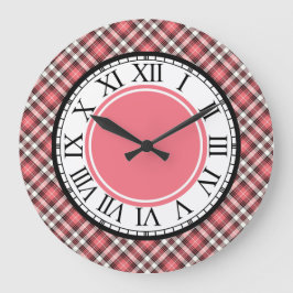 Grande Horloge Ronde Corail rose, noir et blanc plaid