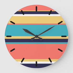 Grande Horloge Ronde Corail vivant, rayures bleues et jaunes