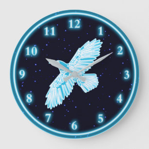 Grande Horloge Ronde Corbeau bleu sur étoiles
