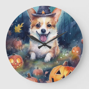 Grande Horloge Ronde Corgi Halloween avec citrouilles effrayant